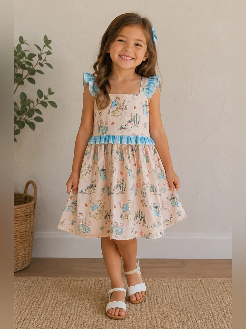 Peter Rabbit Girls Pink Flower Bunny Sundress with Blue Gingham Trim Spring 5